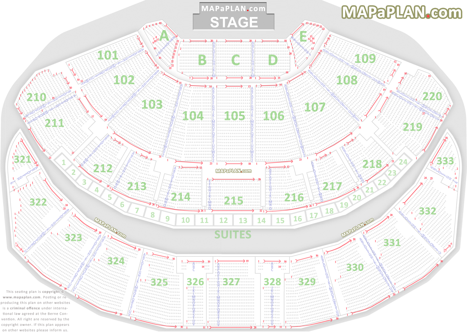 Detailed seat numbers chart with rows and blocks layout Leeds First Direct Arena seating plan