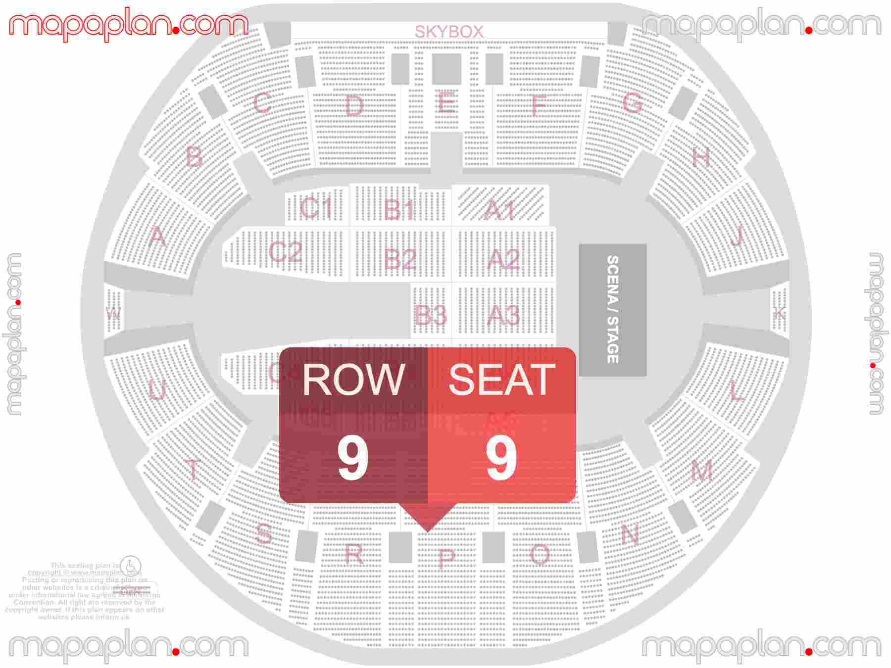 Mapa plan miejsc siedzących Łódź Atlas Arena seating plan with seat & row numbers Numeracja oraz plan miejsc i rzędów widowni na koncert - Układ sektorów areny - Dokładny interaktywny rozkład trybun stadionu