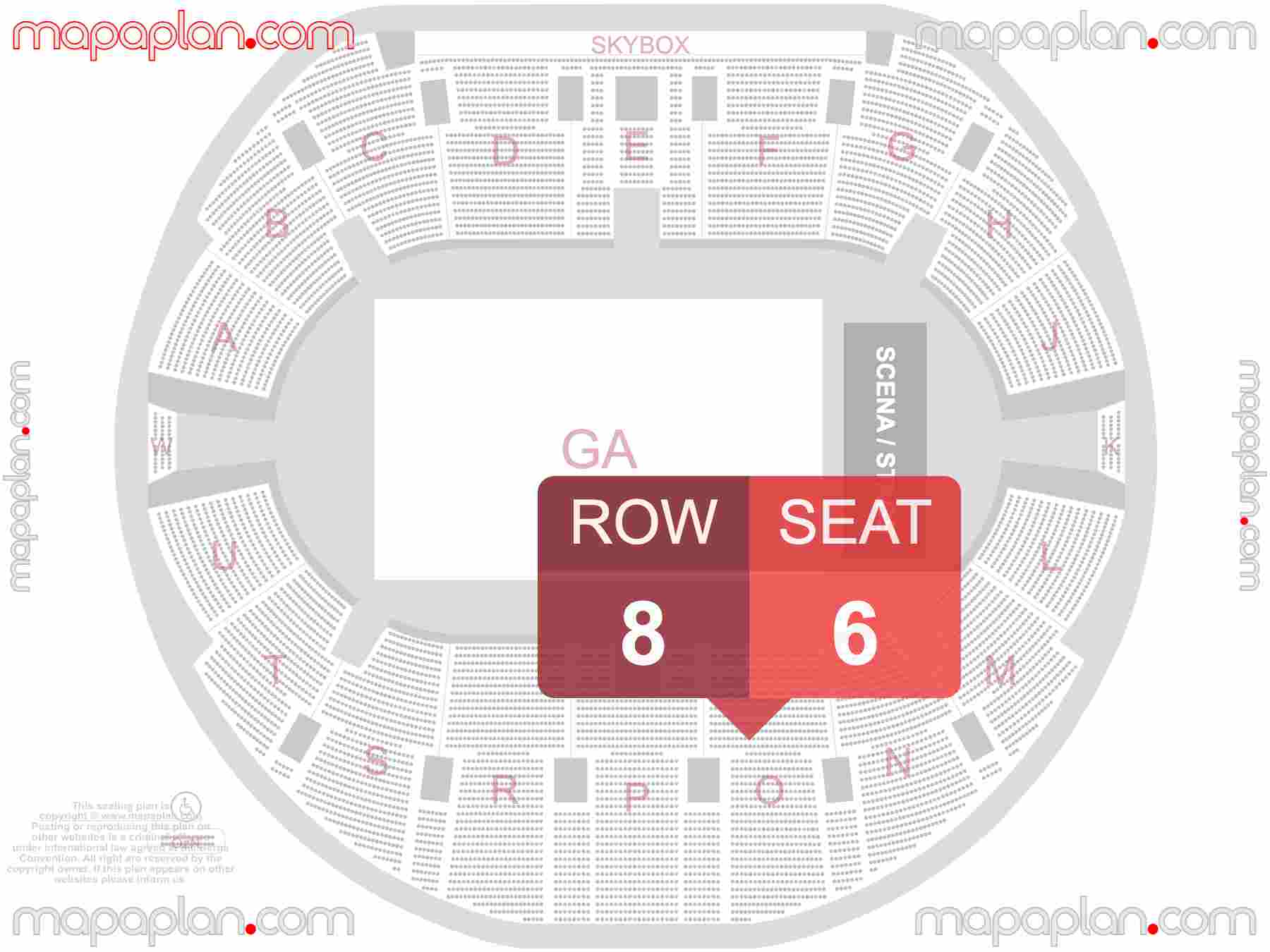 Mapa plan miejsc siedzących Łódź Atlas Arena seating plan with seat & row numbers Płyta areny miejsca stojące - Najlepsze miejsca rzędy sektory trybuny dolne & górne - Widok sceny obiektu