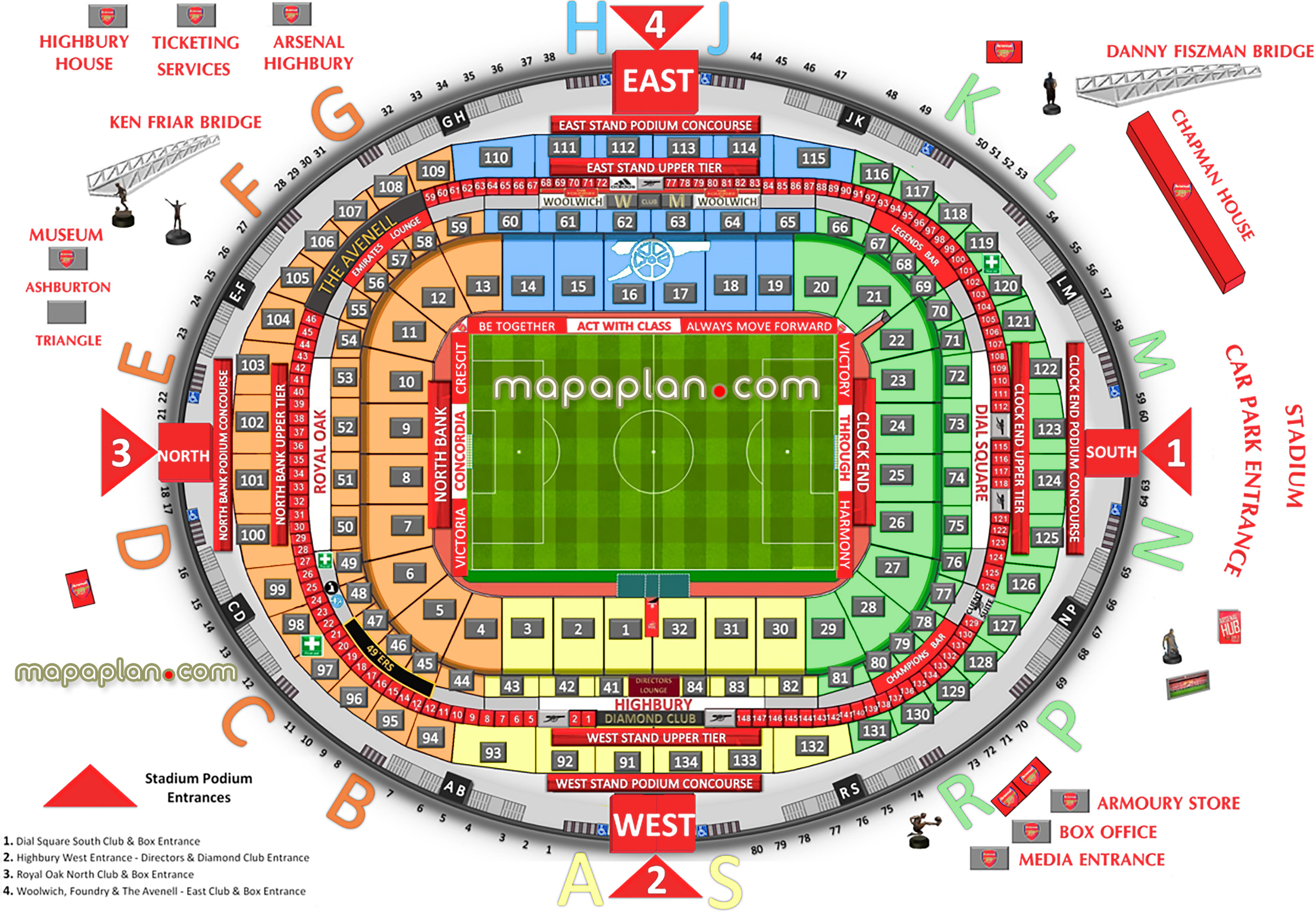 London Arsenal Emirates Stadium seating plan arsenal london interactive seating plan lower tier club level upper tier premium executive boxes west stand east stand north bank clock end directors lounge diamond club podium entrances