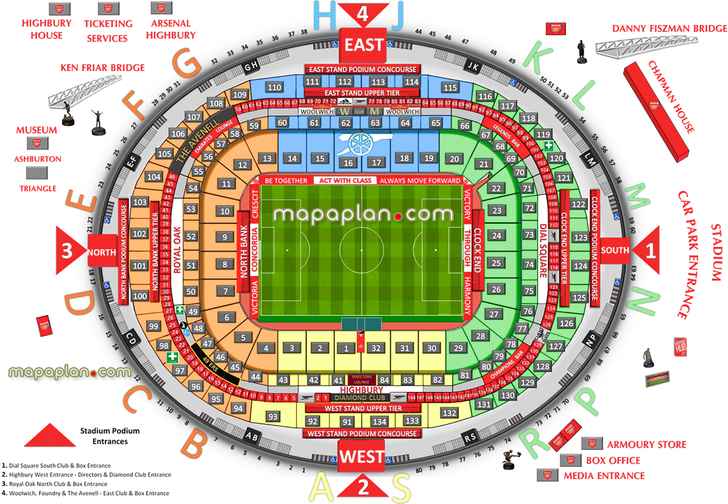 London Arsenal Emirates Stadium seating plan arsenal london interactive seating plan lower tier club level upper tier premium executive boxes west stand east stand north bank clock end directors lounge diamond club podium entrances