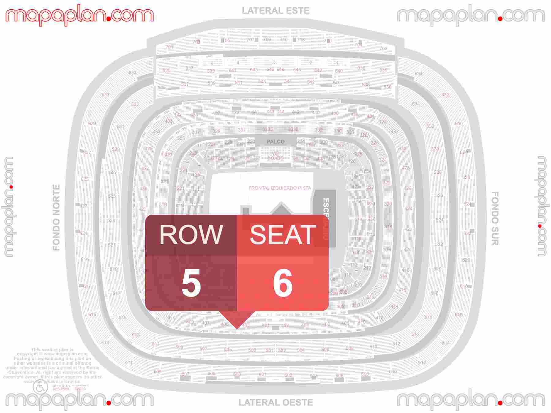 Madrid Santiago Bernabeu Estadio Stadium seating map Concert & Football (Conciertos & Futbol mapa de asientos) detailed seat numbers and row numbering map with interactive map plan layout