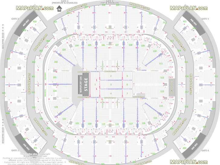 detailed seat row numbers end stage full concert sections floor plan arena lower upper level layout Miami Kaseya Center Arena seating chart