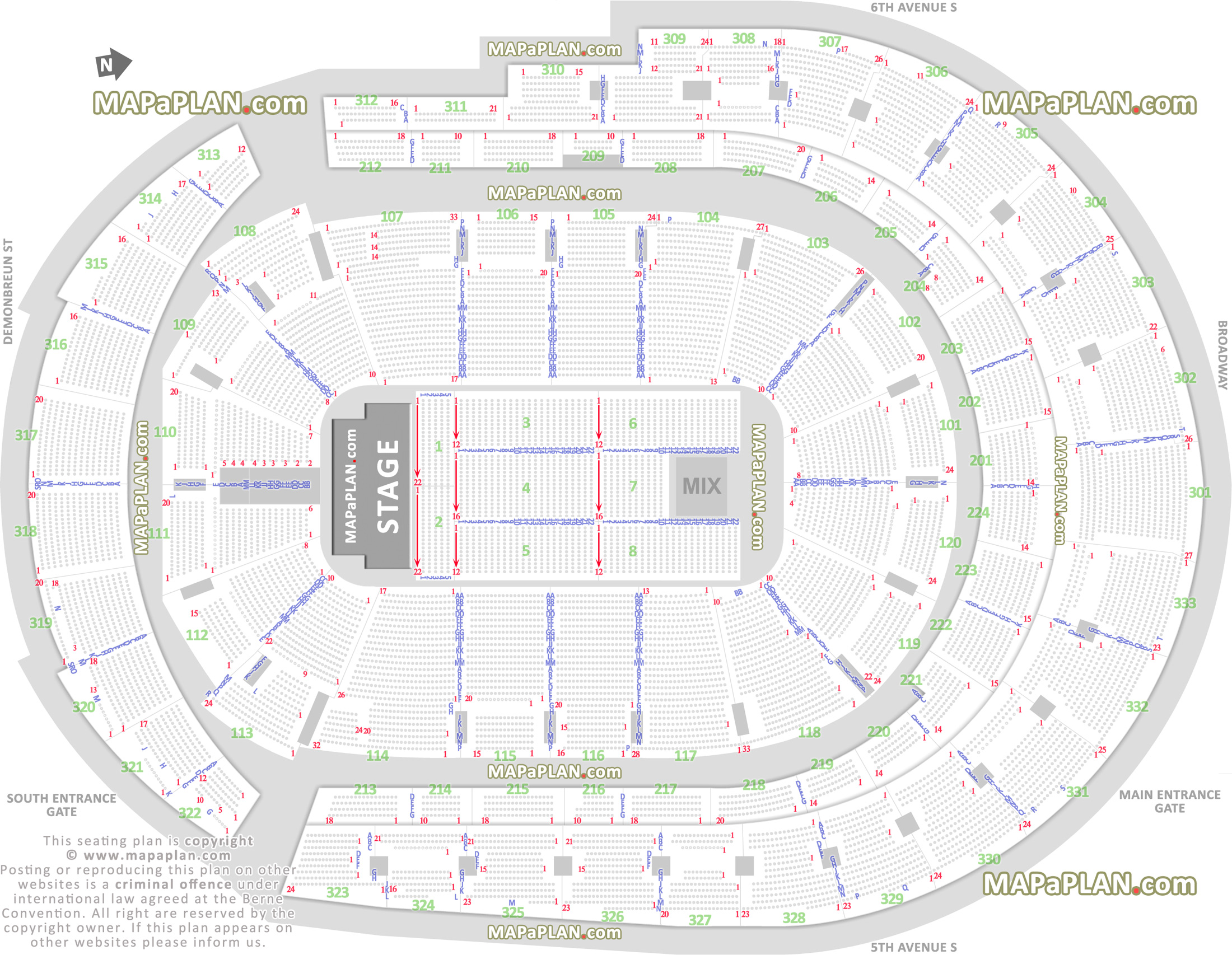 detailed seat row numbers end stage concert sections floor plan map arena lower club upper bowl level layout Nashville Bridgestone Arena seating chart