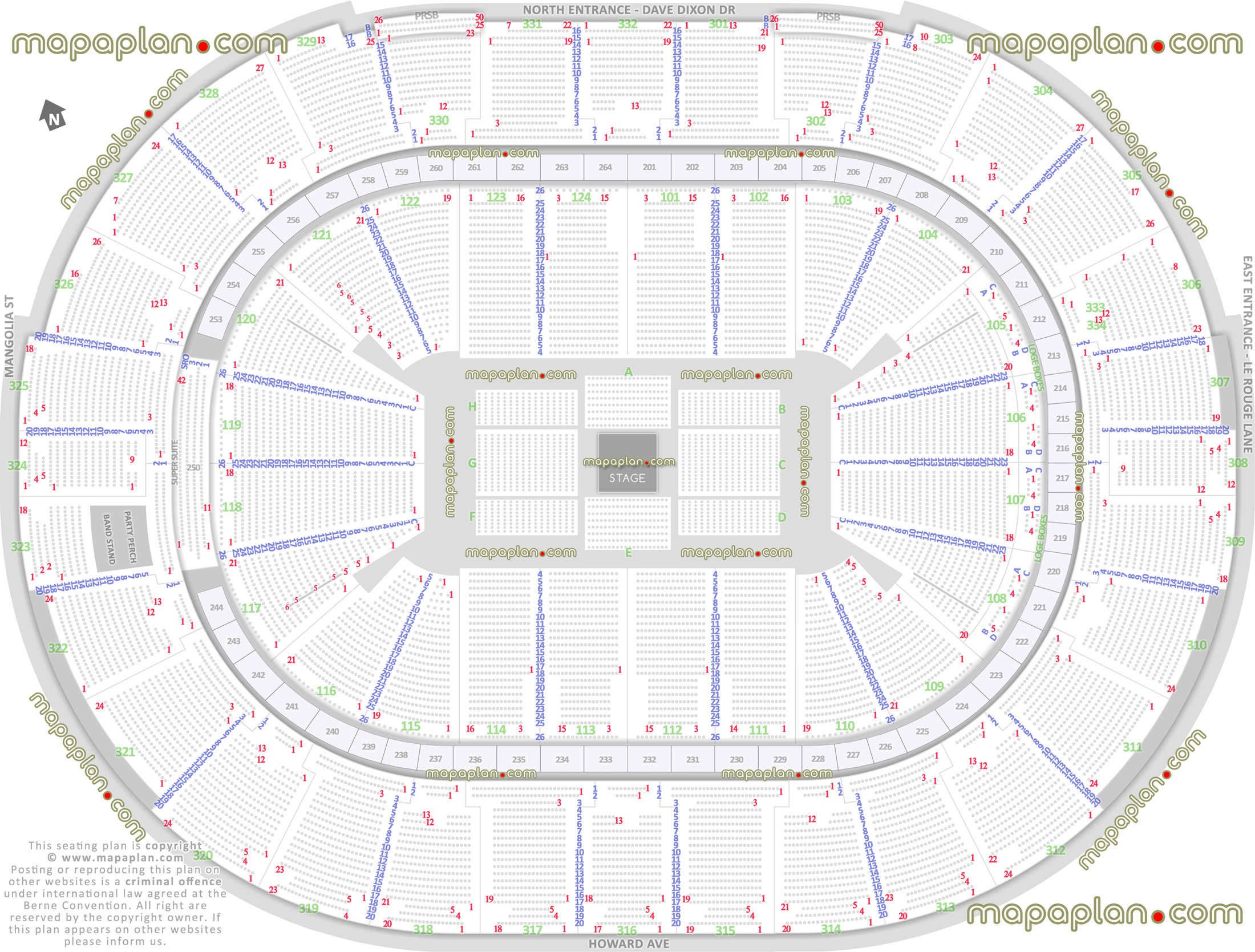 concert stage round printable virtual layout 360 degree arrangement interactive diagram seats row lower club upper level sections standing room only sro row section 250 wheelchair disabled handicap accessible seats plan premium executive loge boxes luxury hub international hub club super suite New Orleans Smoothie King Center arena seating chart