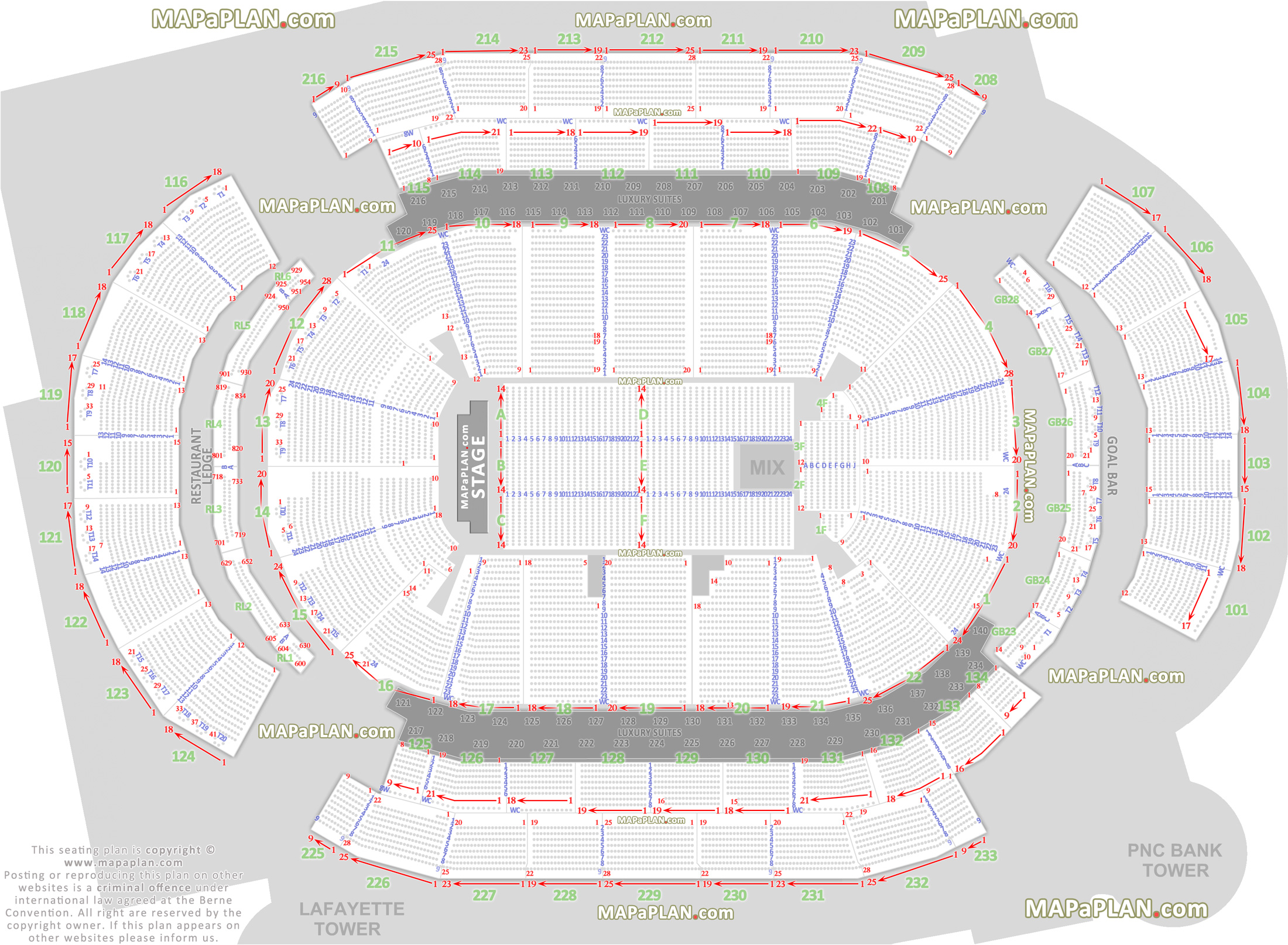 end stage concert plan showing fully seated live floor chart of the rock with aisle seat numbers Newark Prudential Center seating chart