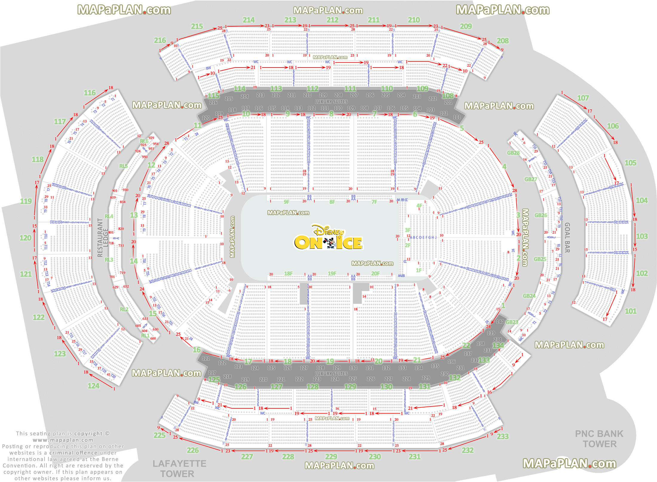 disney on ice find your seat diagram showing wc row numbering mezzanine area vip box arrangement Newark Prudential Center seating chart