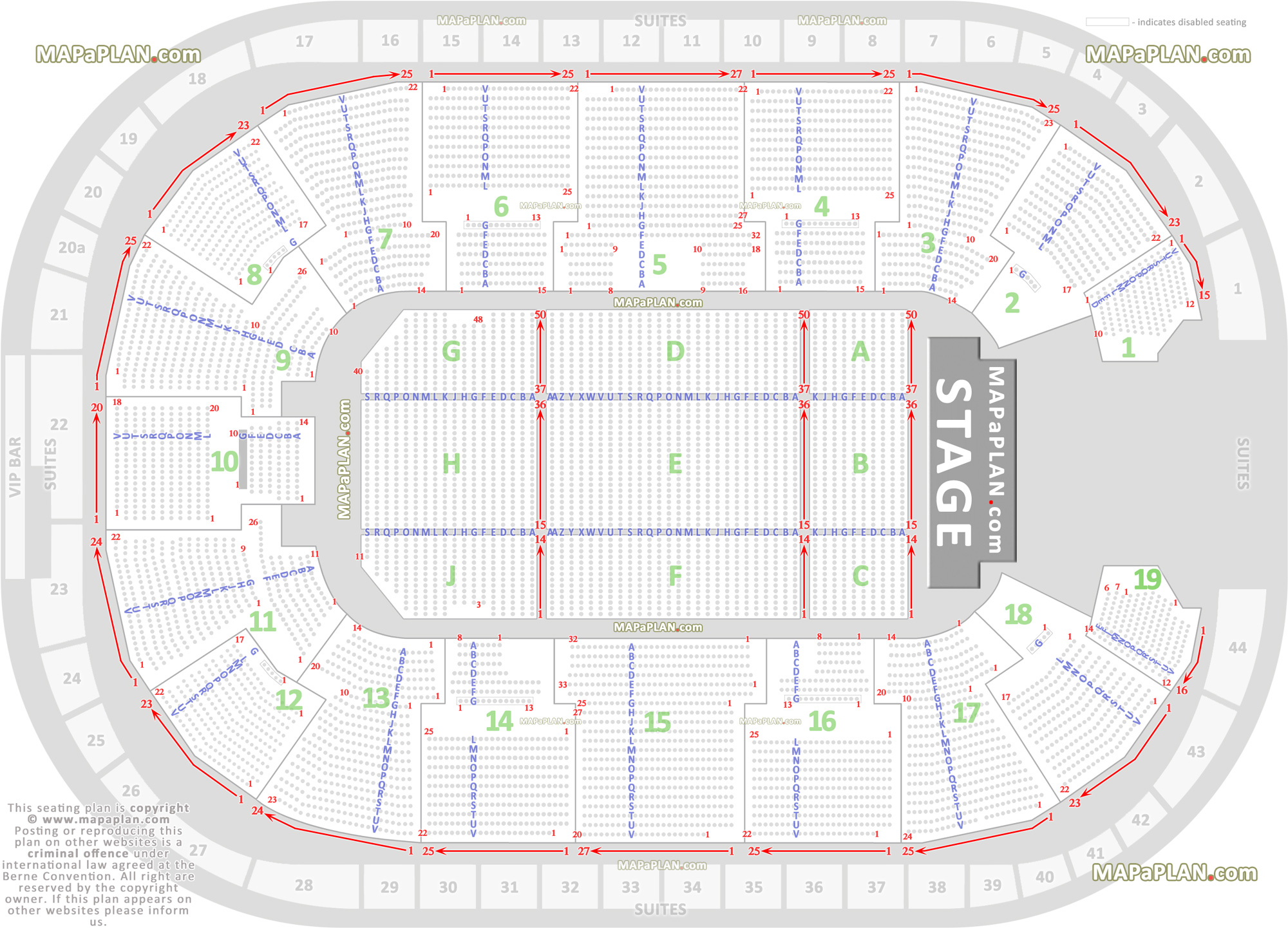 detailed seat row numbers concert stage chart with floor map showing upper lower tiered blocks Nottingham Motorpoint Arena seating plan