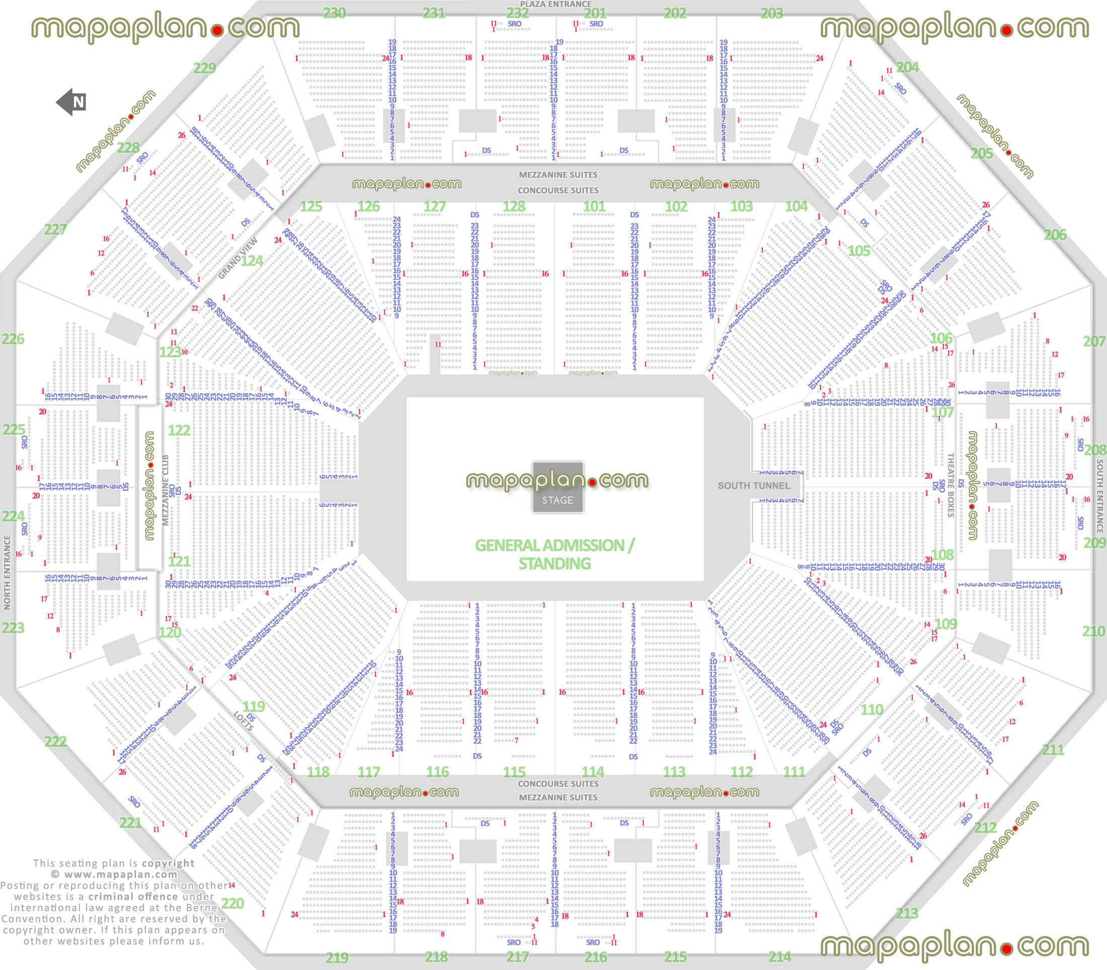 concert stage round 360 degree arrangement how many seats per row detailed fully seated chart setup viewer standing room only sro area ds wheelchair disabled handicap accessible seats arena main entrance gate exits map Oakland Oracle Arena seating chart
