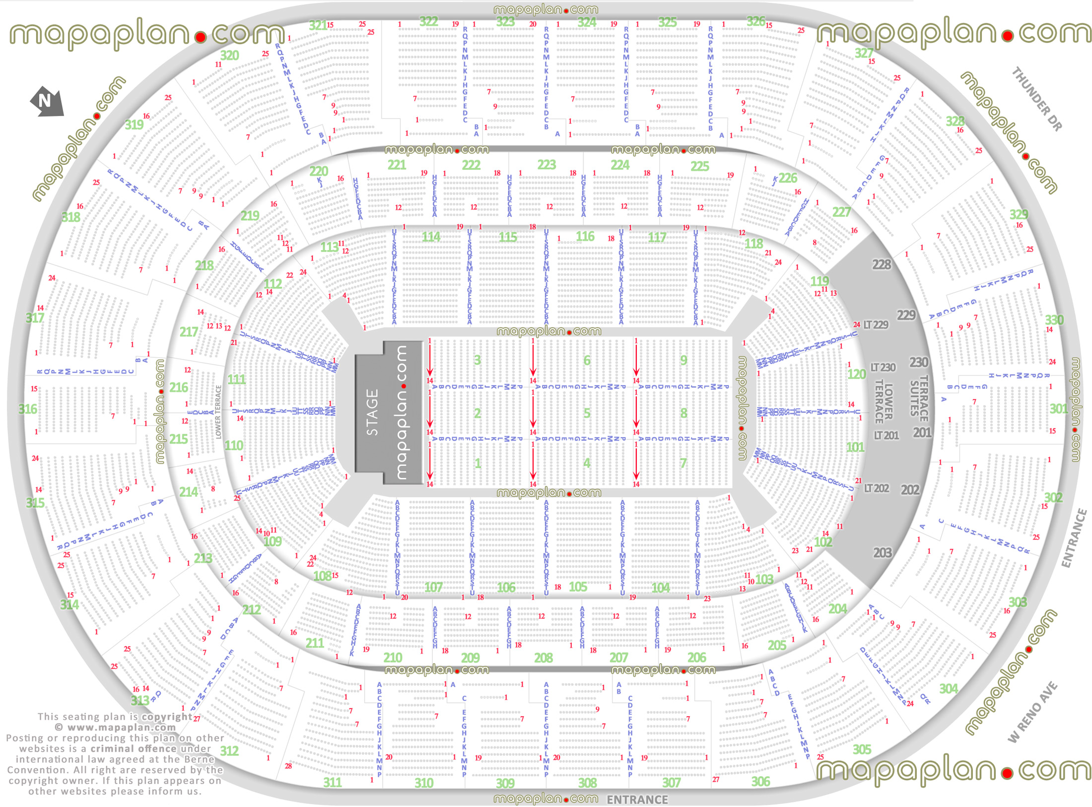 detailed seat row numbers end stage concert sections floor plan map arena lower club upper level layout Oklahoma City Chesapeake Energy Arena seating chart