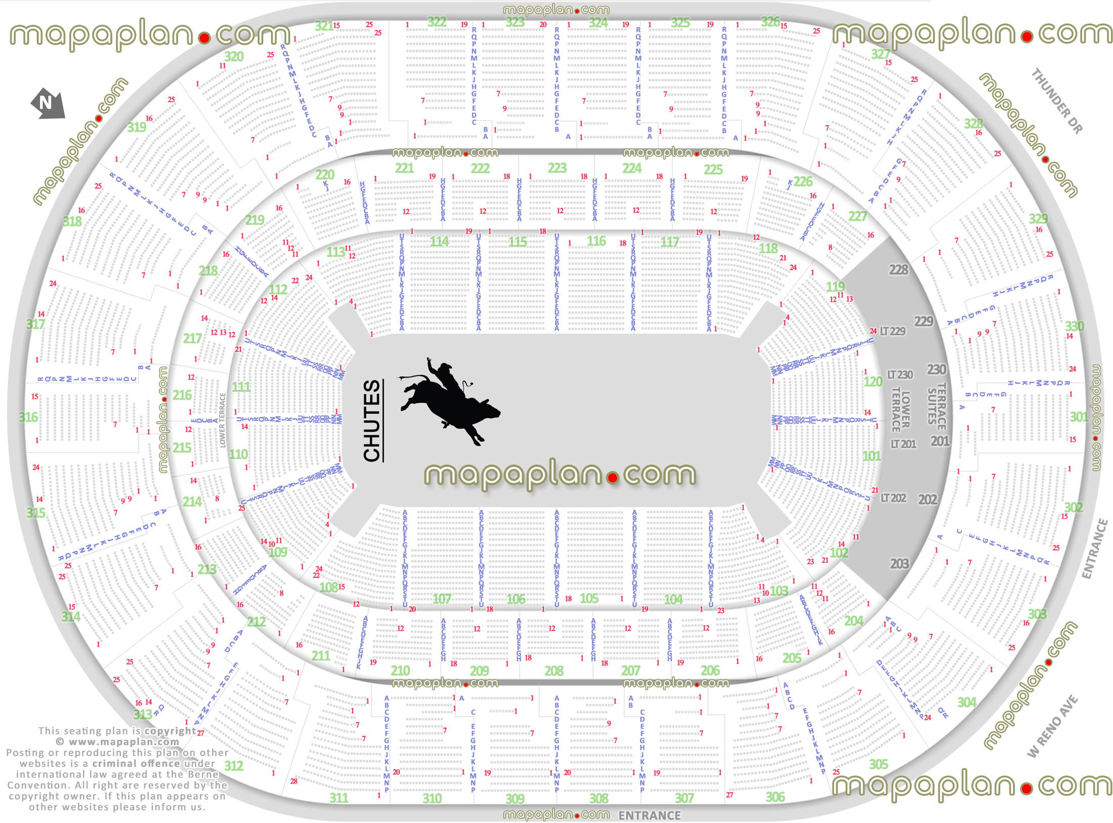 pbr professional bull riders rodeo oklahoma city oklahoma usa detailed seating capacity 3d arrangement arena row numbers layout lower club upper level main entrance gate exits map west east south north detailed fully seated chart setup standing room only sro areas wheelchair disabled handicap accessible seats plan Oklahoma City Chesapeake Energy Arena seating chart