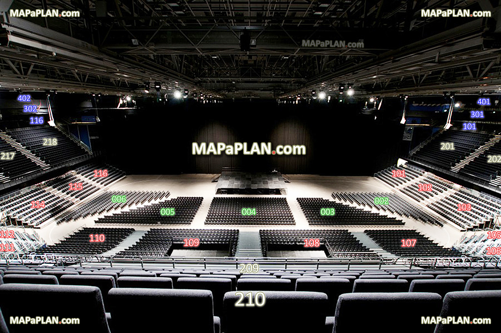 utsikt felt 210 rad 16 plass 70 sitteplasser kart konsert scene innvendig oversikt view section 210 row 16 seat 70 concert stage chart Oslo Spektrum Arena seating plan