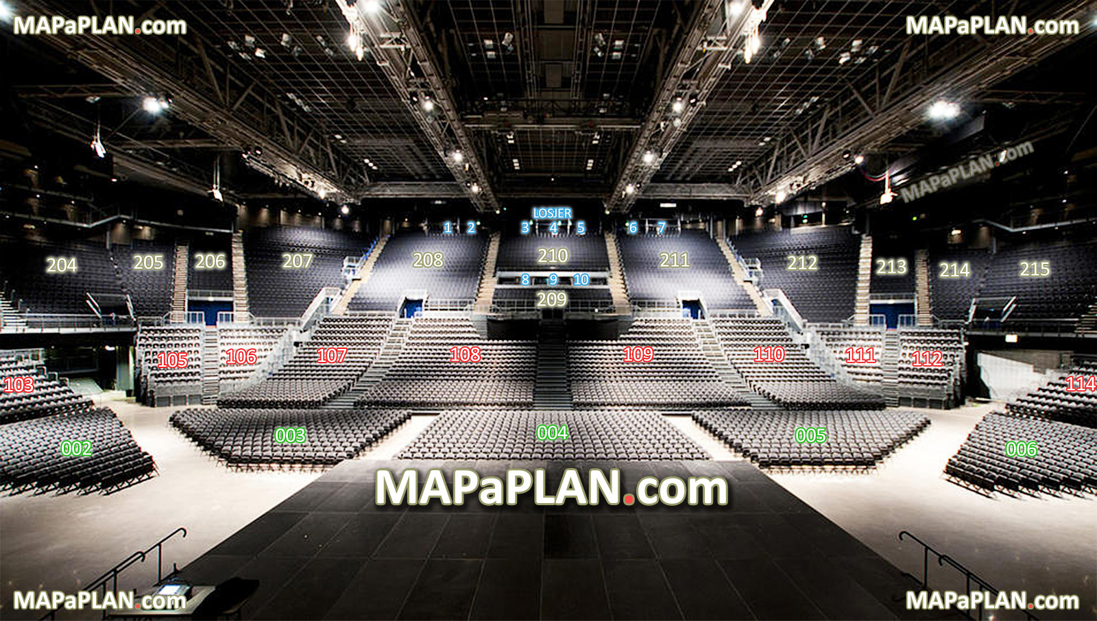 innsiden panorama oversiktskart felt 002 003 004 005 006 103 105 106 107 108 109 110 111 112 114 vip losjer sal kart inside view Oslo Spektrum Arena seating plan