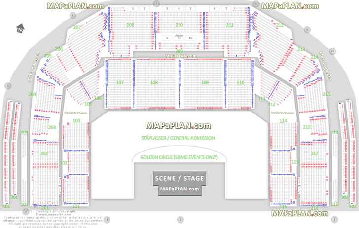 kart hvor mange sitteplasser ståplasser golden circle gulv stå nedre øvre tribune sitte setekart general admission map Oslo Spektrum Arena seating plan