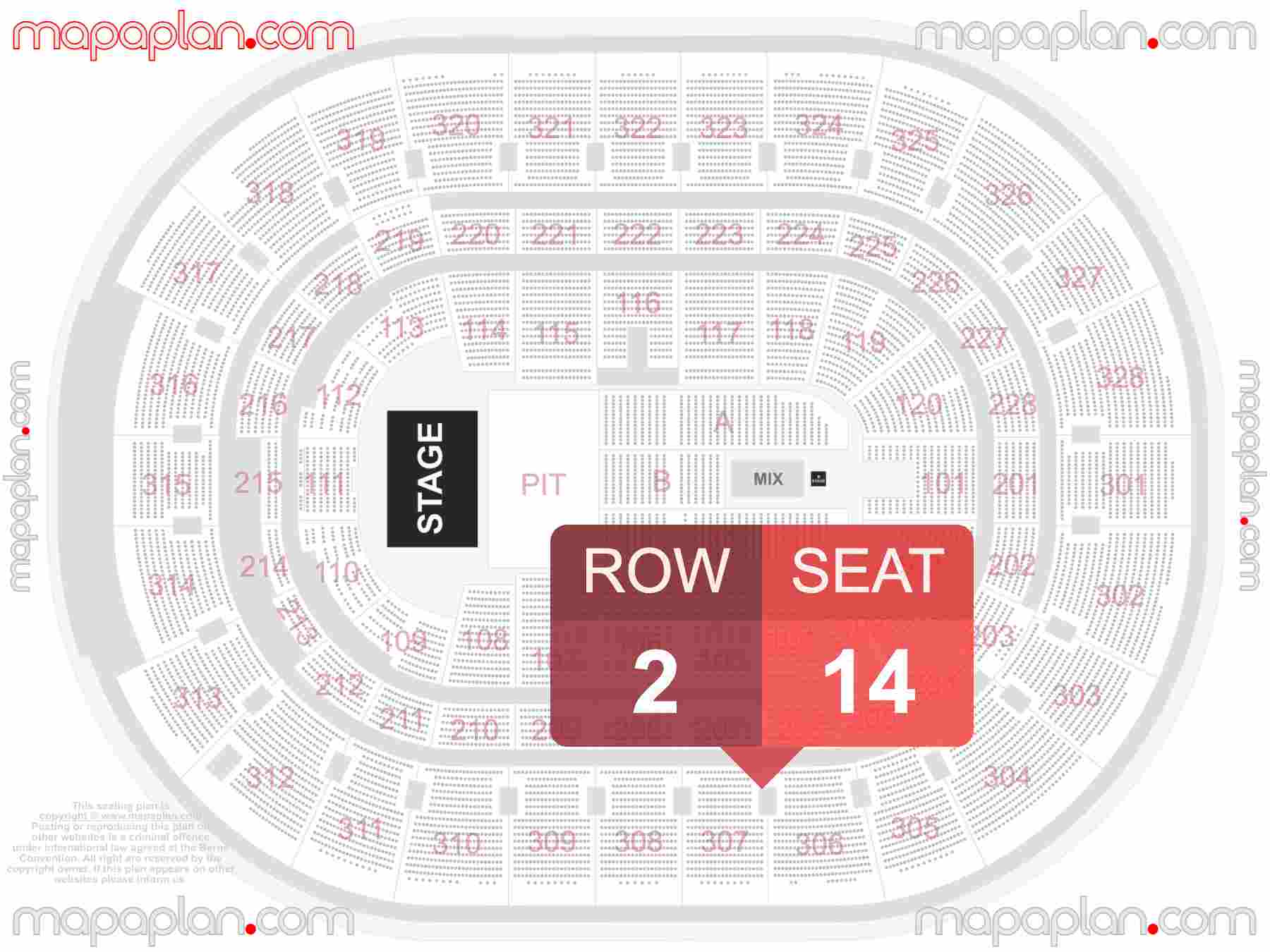 Ottawa Canadian Tire Centre seating map Concert with PIT floor standing interactive seating checker map chart showing seat numbers per row - Ticket prices sections review diagram