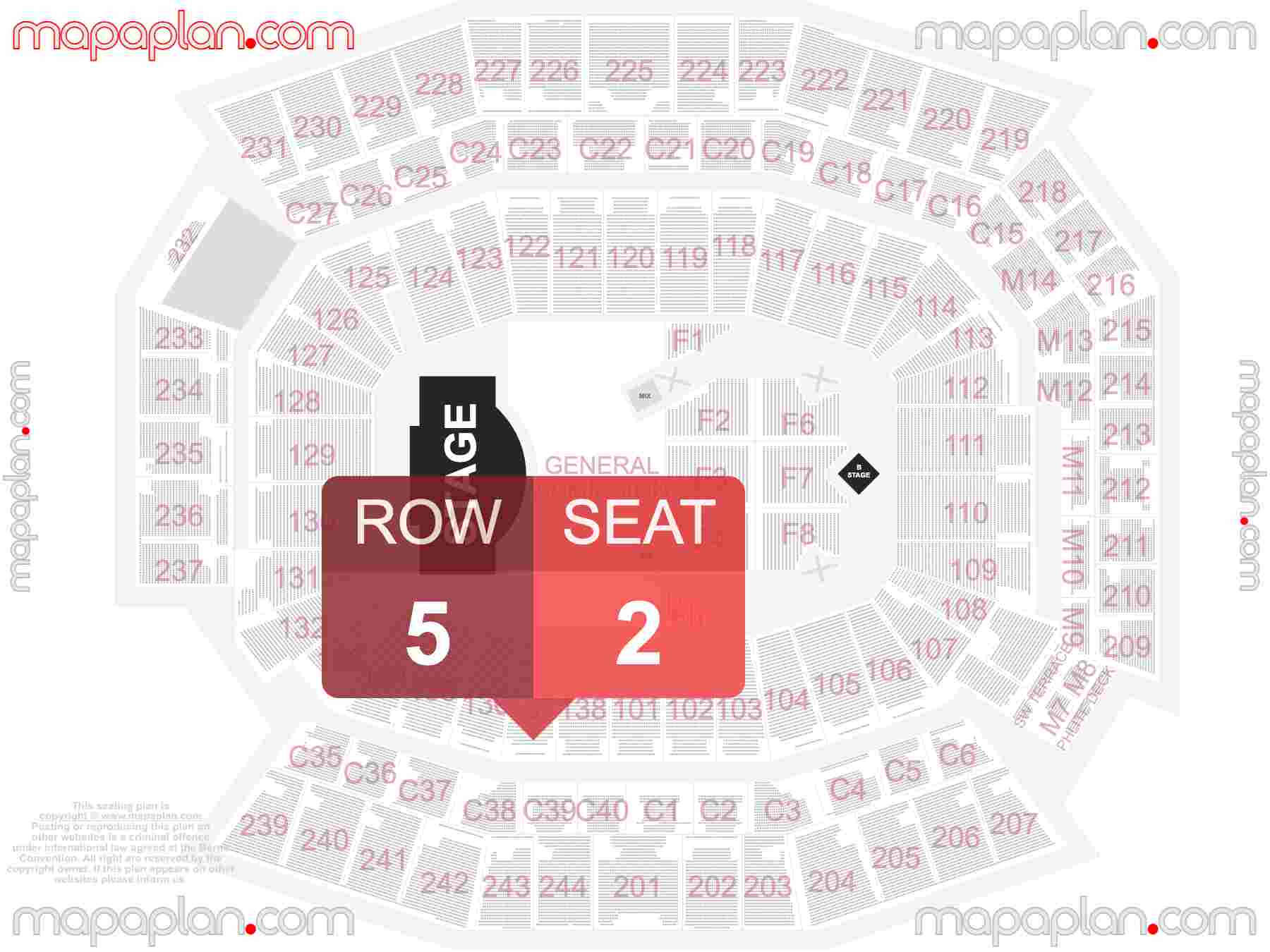 Philadelphia Lincoln Financial Field seating chart Concert with floor general admission standing interactive seating checker map plan showing seat numbers per row - Ticket prices sections review diagram