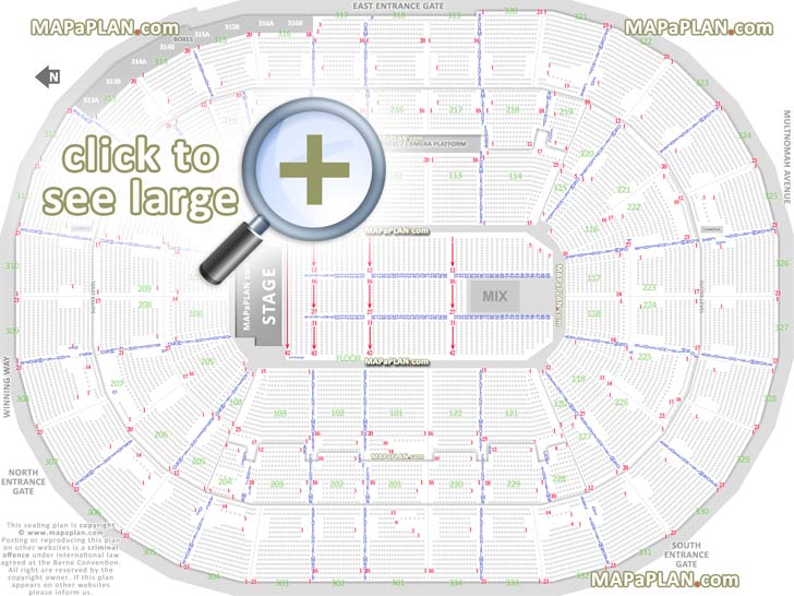 detailed seat row numbers end stage concert sections floor plan map arena 100 200 300 club level layout Portland Moda Center seating chart