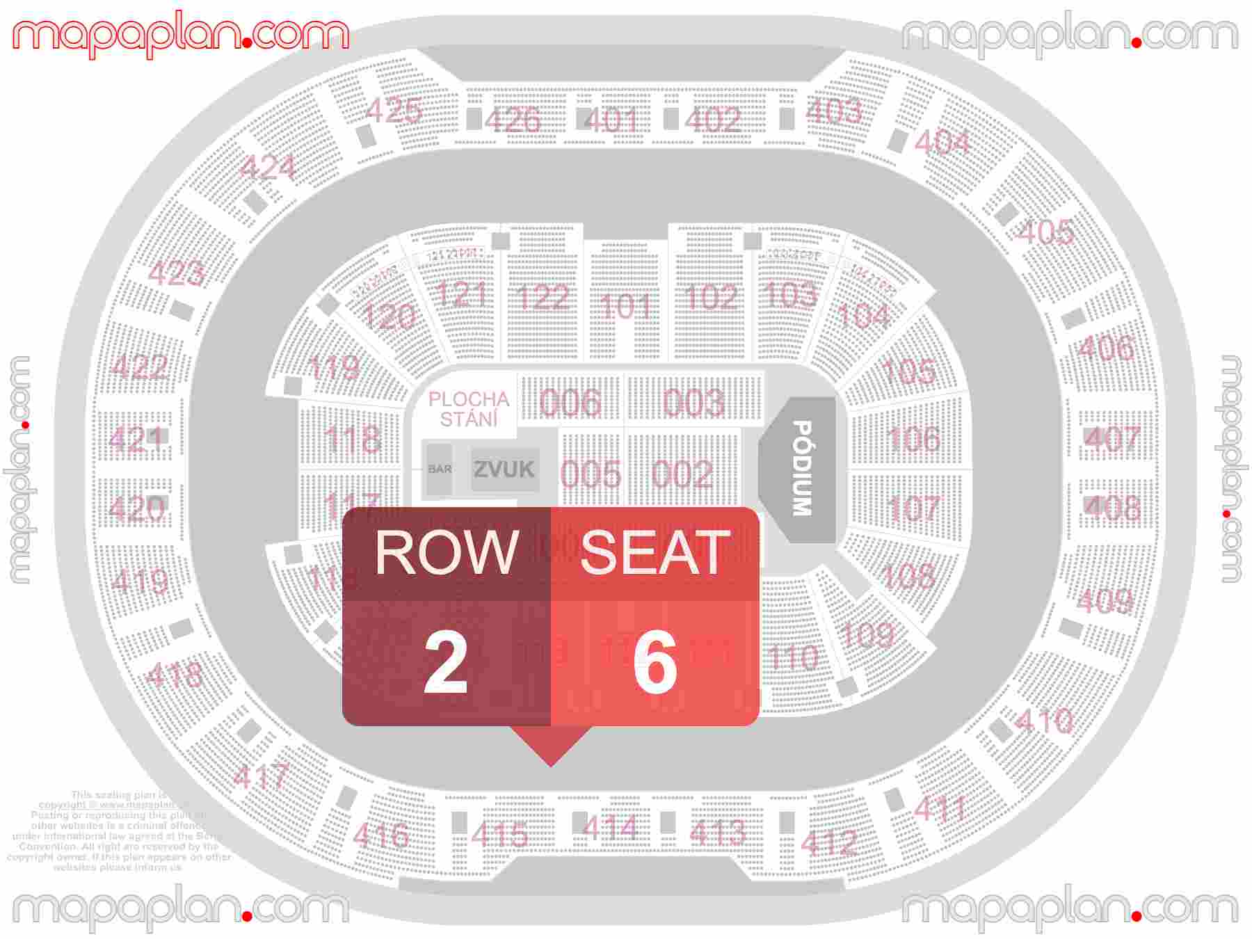 Prague O2 Arena seating plan Concert Koncert plan s cisly sedadel a rad koncerty - detailed seat numbers and row numbering plan with interactive map map layout