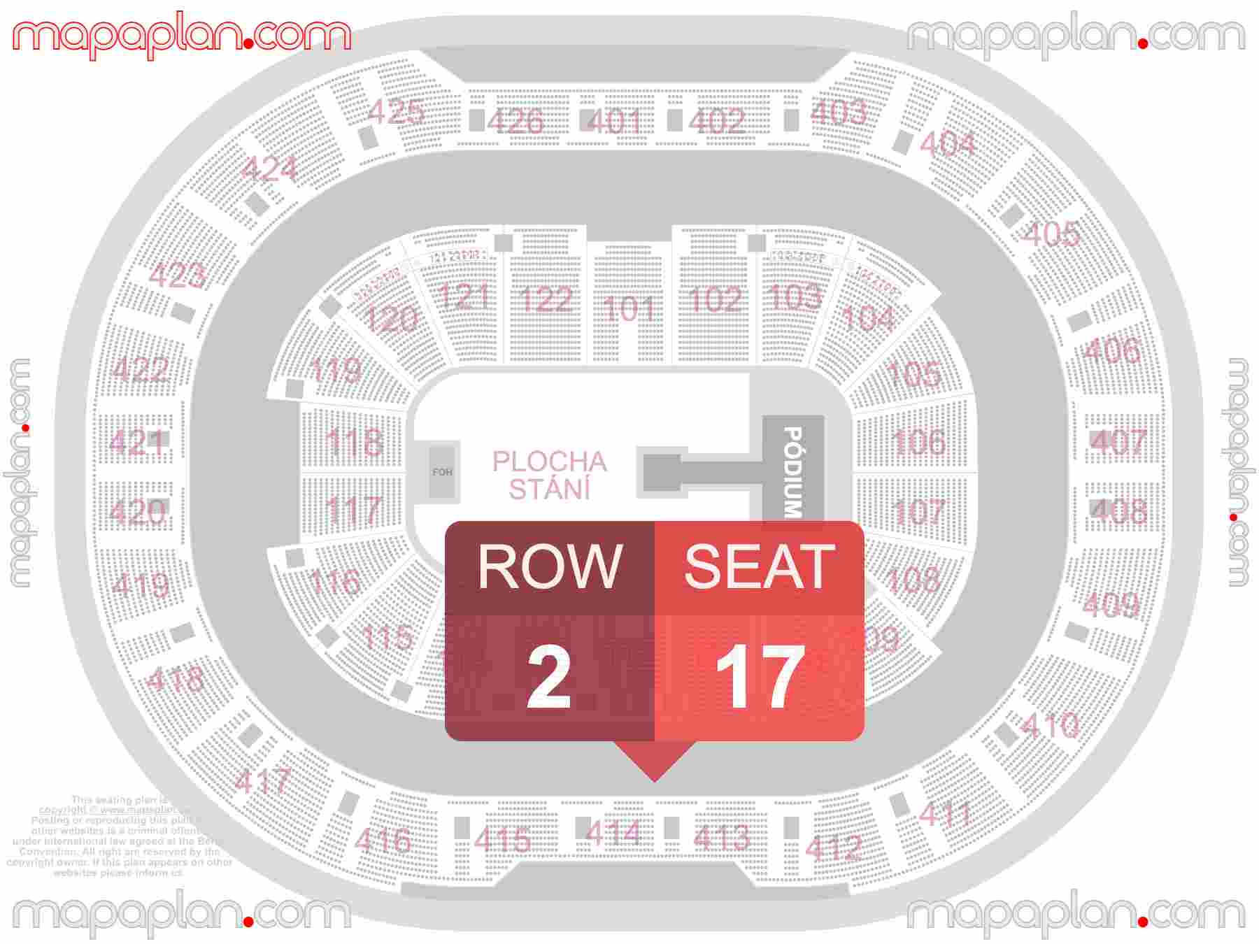 Prague O2 Arena seating plan Concert with floor general admission standing room only Plocha stani u podia seating plan with exact section numbers showing best rows and seats selection 3d layout - Best interactive seat finder tool with precise detailed location data