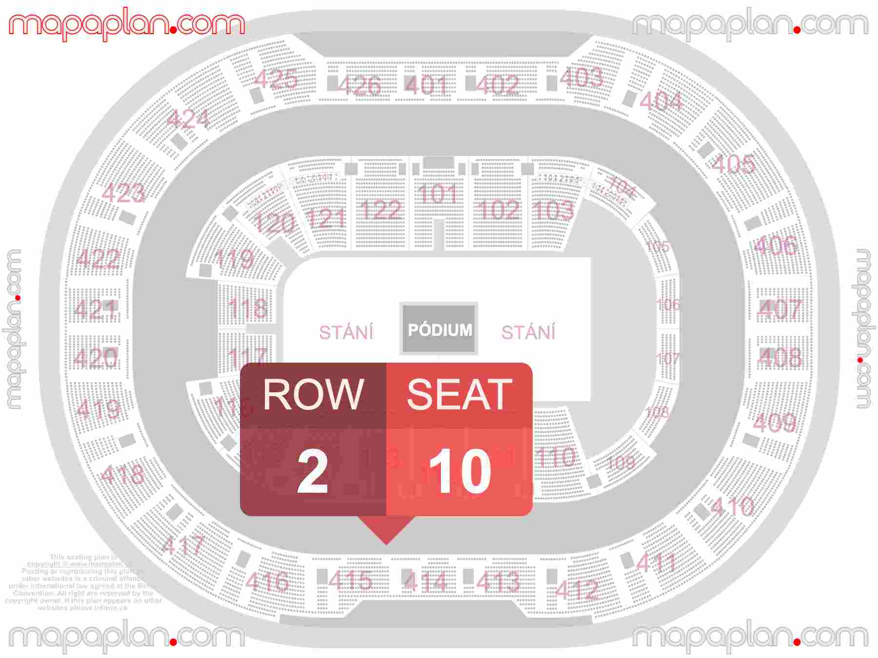 Prague O2 Arena seating plan Concert 360 in the round stage Mapa plan s cisly sedadel a rad - find best seats row numbering system map showing how many seats per row - Individual find my seat virtual locator