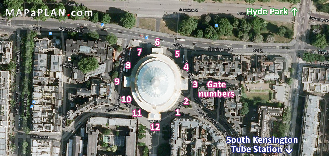 Gate entrances and nearest station walking directions London location map Royal Albert Hall seating plan