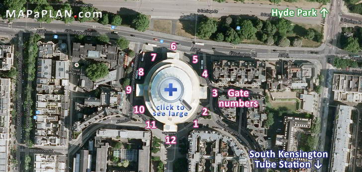 Gate entrances and nearest station walking directions London location map Royal Albert Hall seating plan