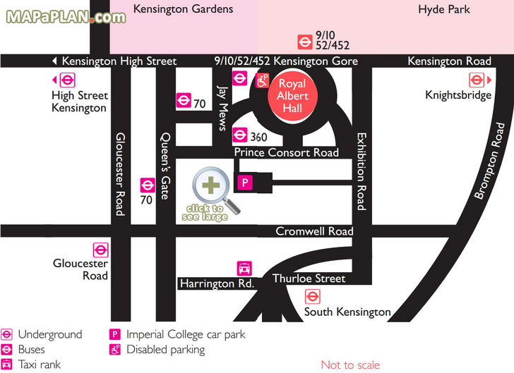 public transport bus tube nearest car park map of area Royal Albert Hall seating plan