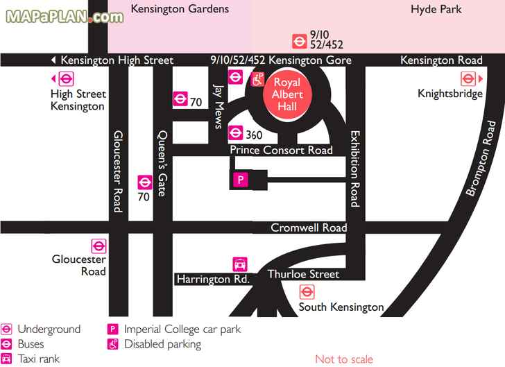 public transport bus tube nearest car park map of area Royal Albert Hall seating plan