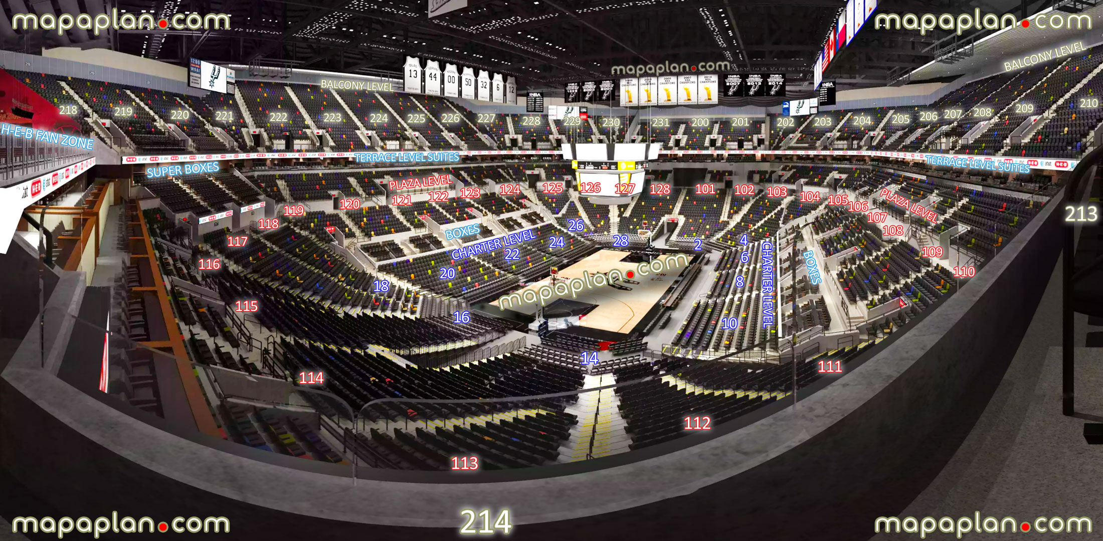 view section 214 row 1 seat 2 san antonio spurs nba tx stars wnba ncaa basketball tournament game panorama charter 100 plaza terrace 200 balcony level heb fan zone courtside club level vip boxes premium suites San Antonio AT&T Center seating chart