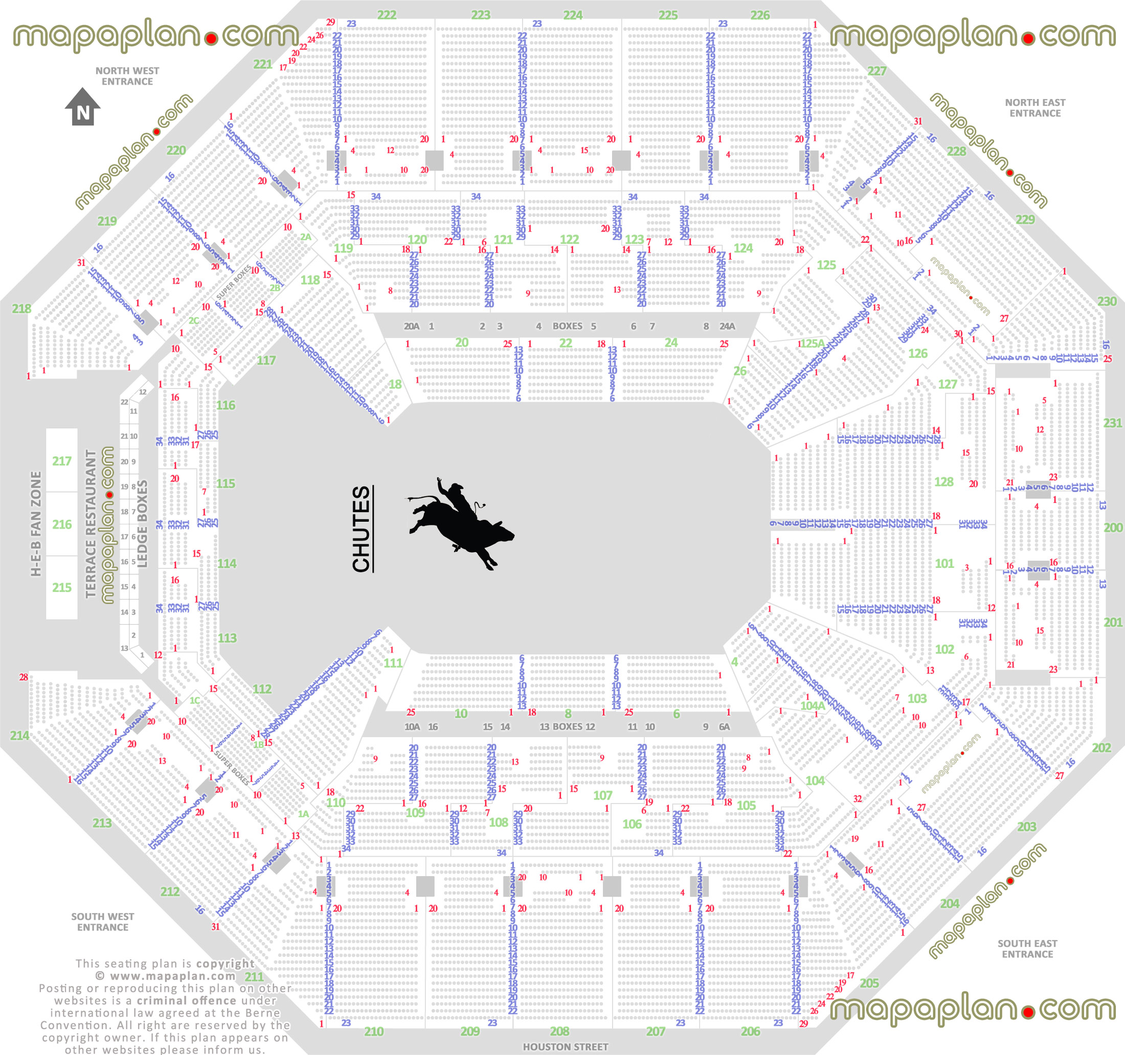 rodeo stock show prca detailed fully seated chart setup standing room only sro area wheelchair disabled handicap accessible seats plan arena main entrance gate exits map San Antonio ATT Center seating chart
