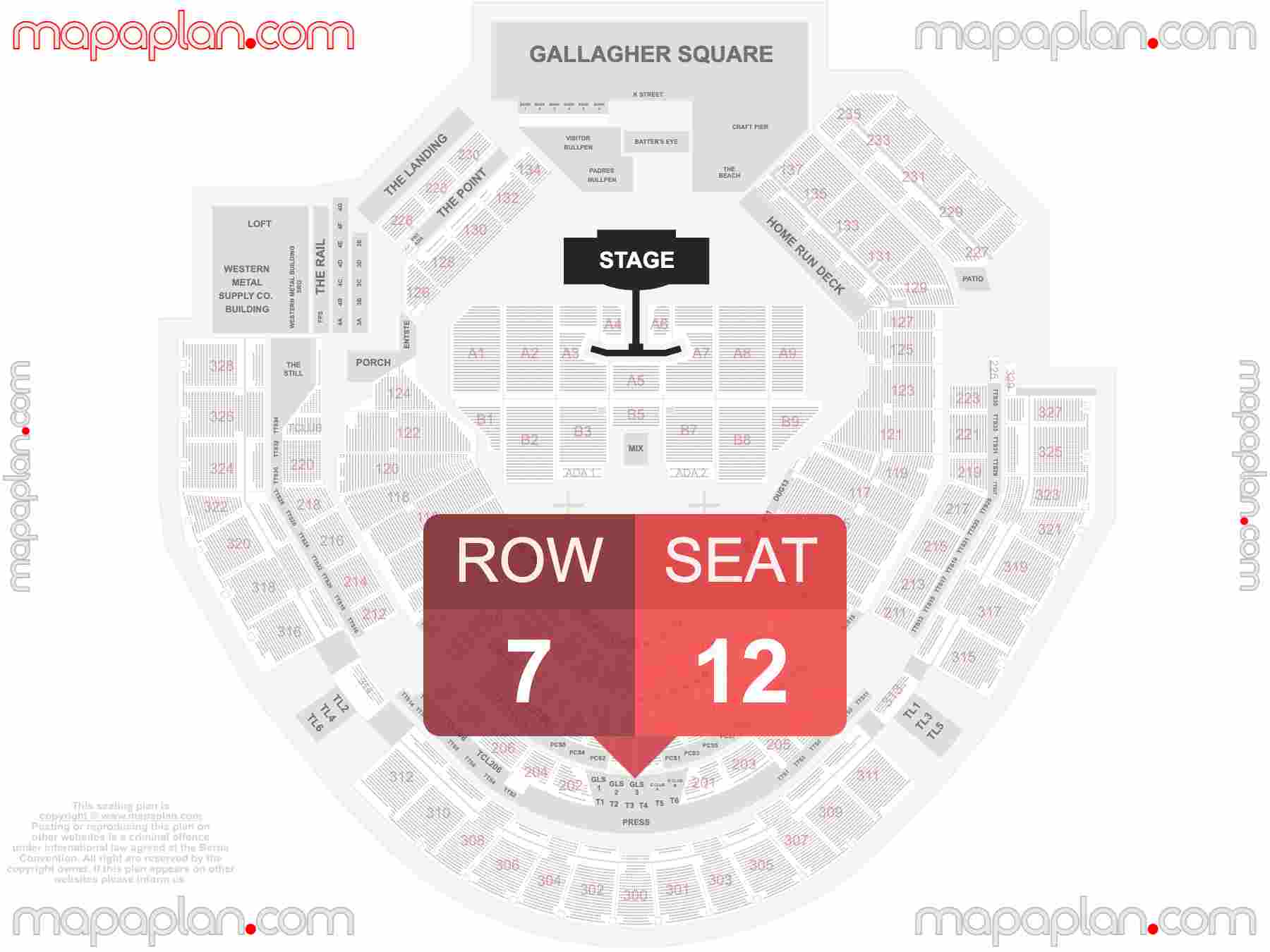 San Diego Petco Park seating chart Concert with extended catwalk runway B-stage find best seats row numbering system plan showing how many seats per row - Individual find my seat virtual locator
