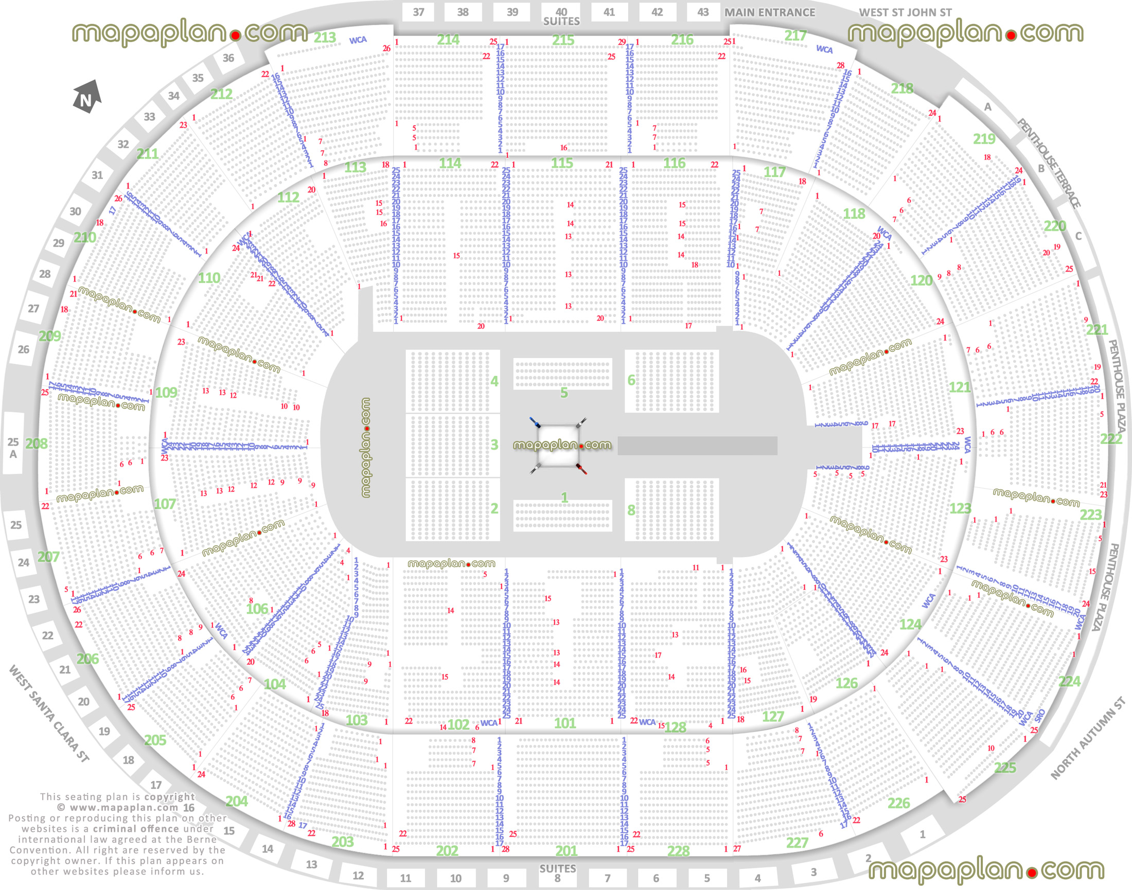 wwe wrestling boxing match events map row 360 round ring floor configuration rows sections 101 102 103 104 106 107 109 110 112 113 114 115 116 117 118 120 121 123 124 126 127 128 San Jose SAP Center seating chart