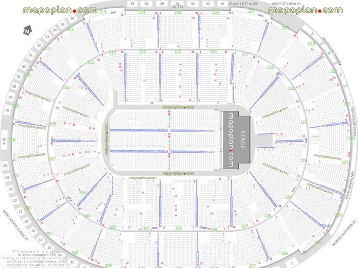 detailed seat row numbers end stage concert sections floor plan map arena lower upper level layout San Jose SAP Center seating chart