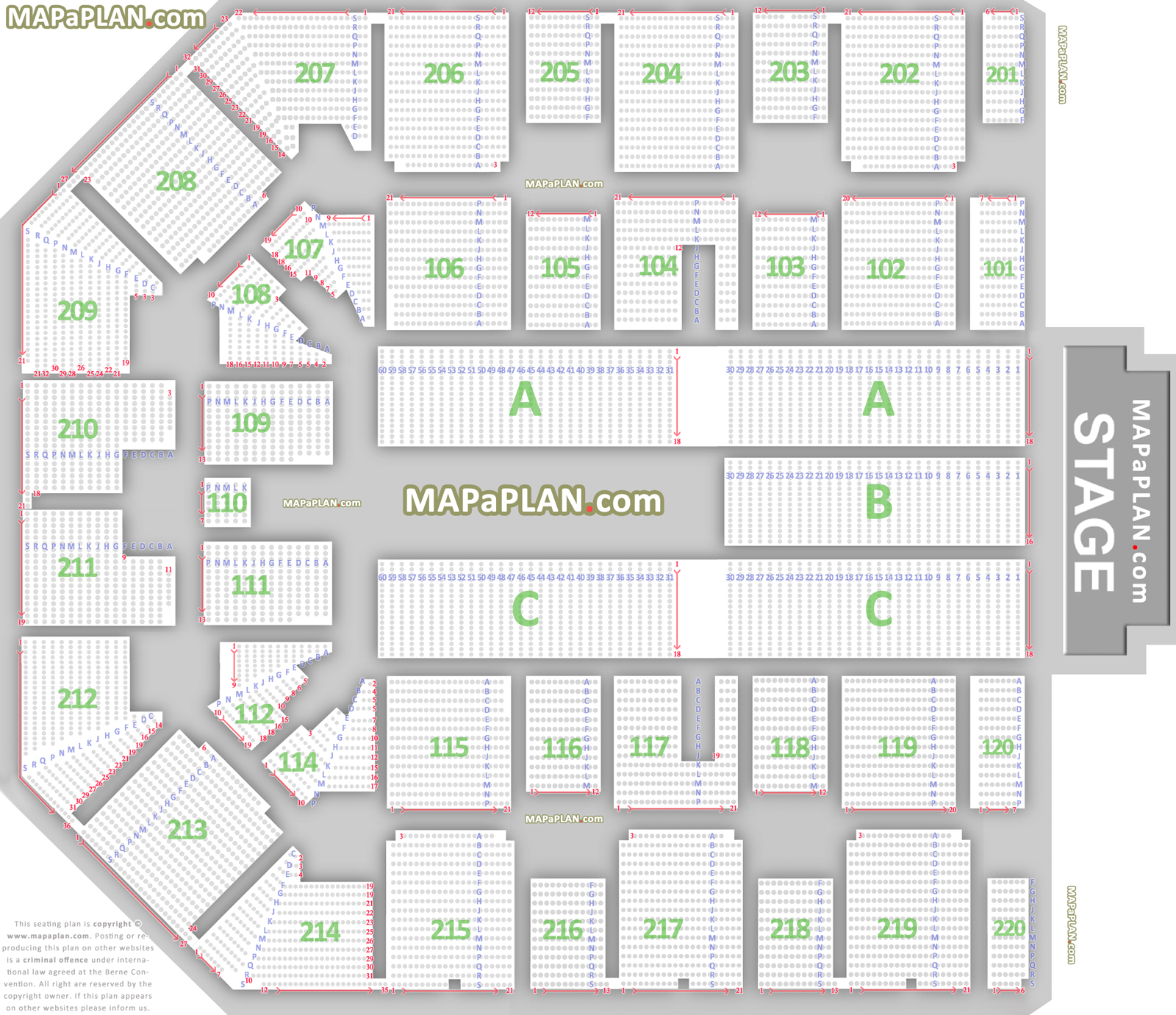 Detailed seat numbers chart with rows and blocks layout Sheffield Utilita Arena seating plan