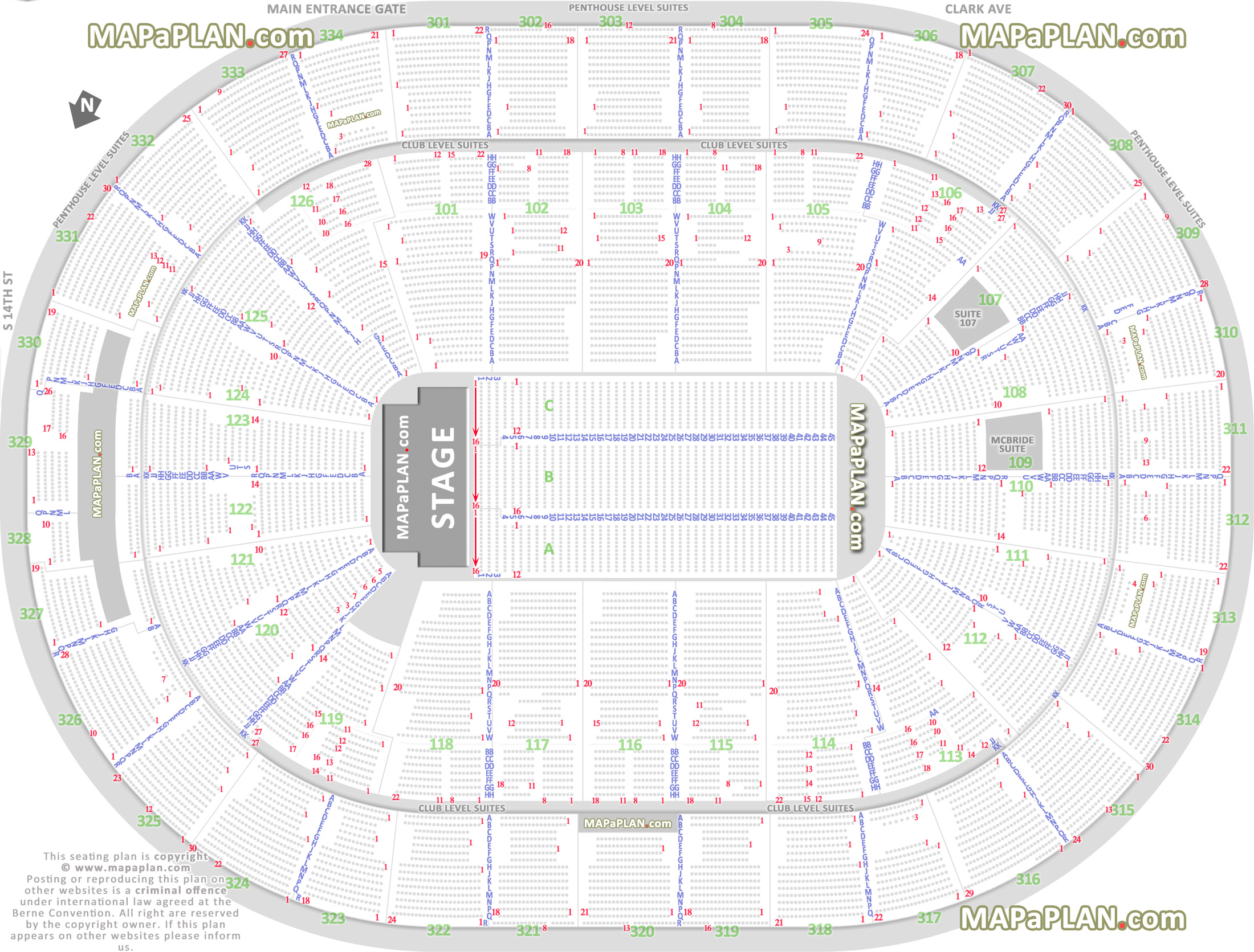 detailed seat row numbers end stage concert sections floor plan map arena plaza club mezzanine level layout St. Louis Enterprise Center seating chart