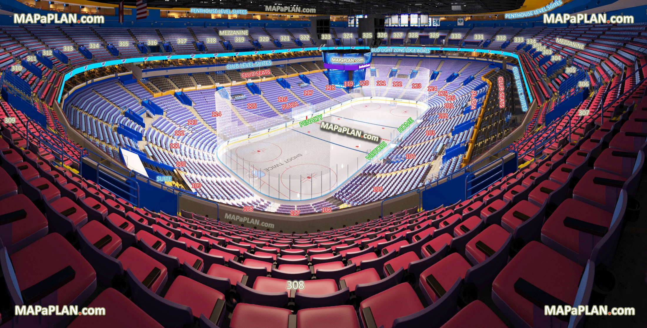 view section 308 row n seat 12 ice hockey rink blues home bench visitors penalty club penthouse level suites bud light zone loge boxes St. Louis Scottrade Center seating chart
