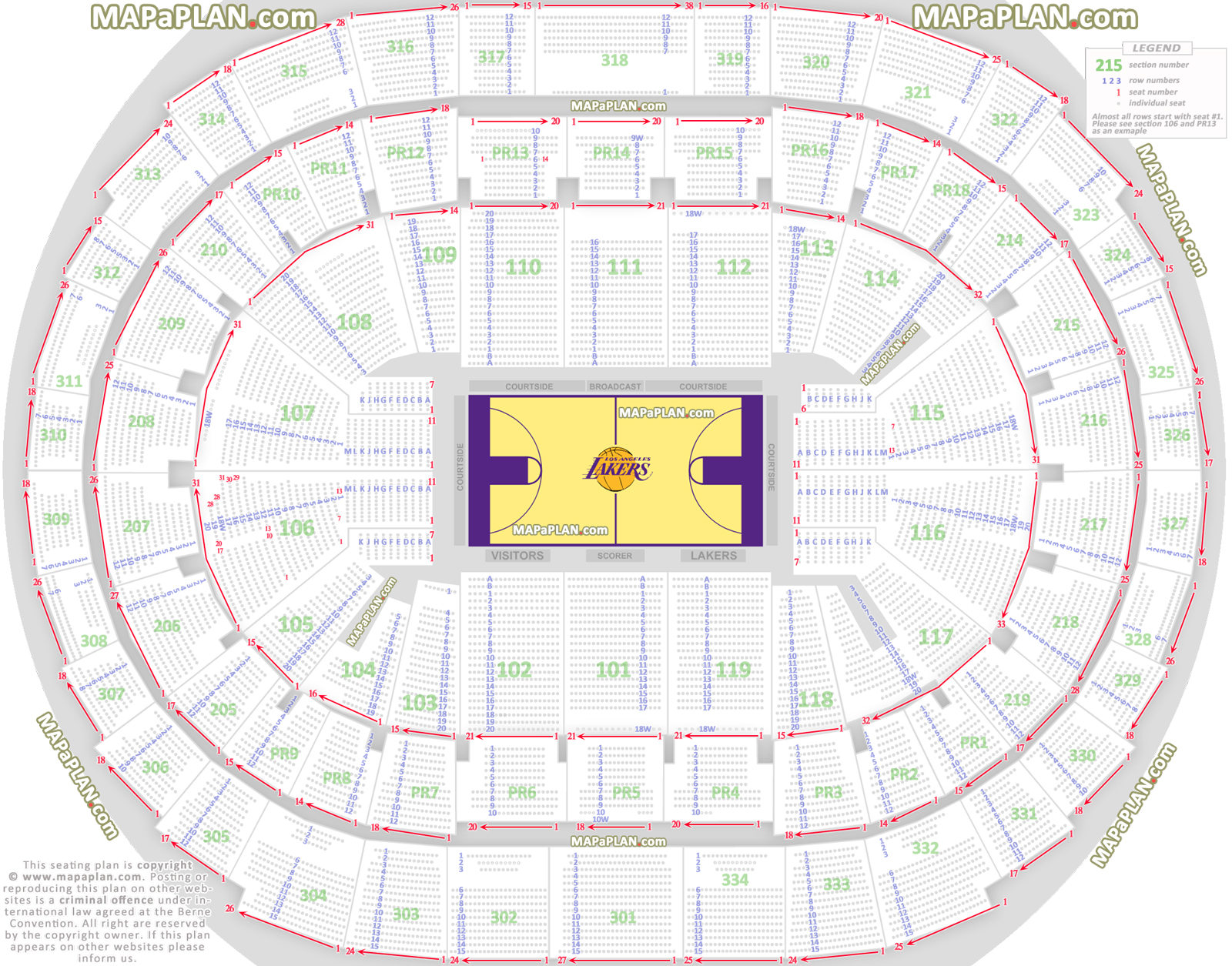 Lakers detailed seat numbers chart with rows premier sections layout Staples Center seating chart