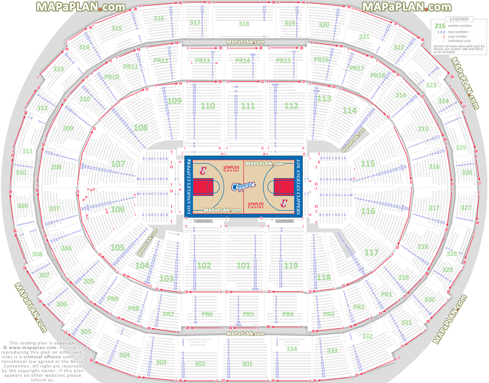 Los Angeles Clippers basketball seat numbers floor map with rows sections court plan Staples Center seating chart