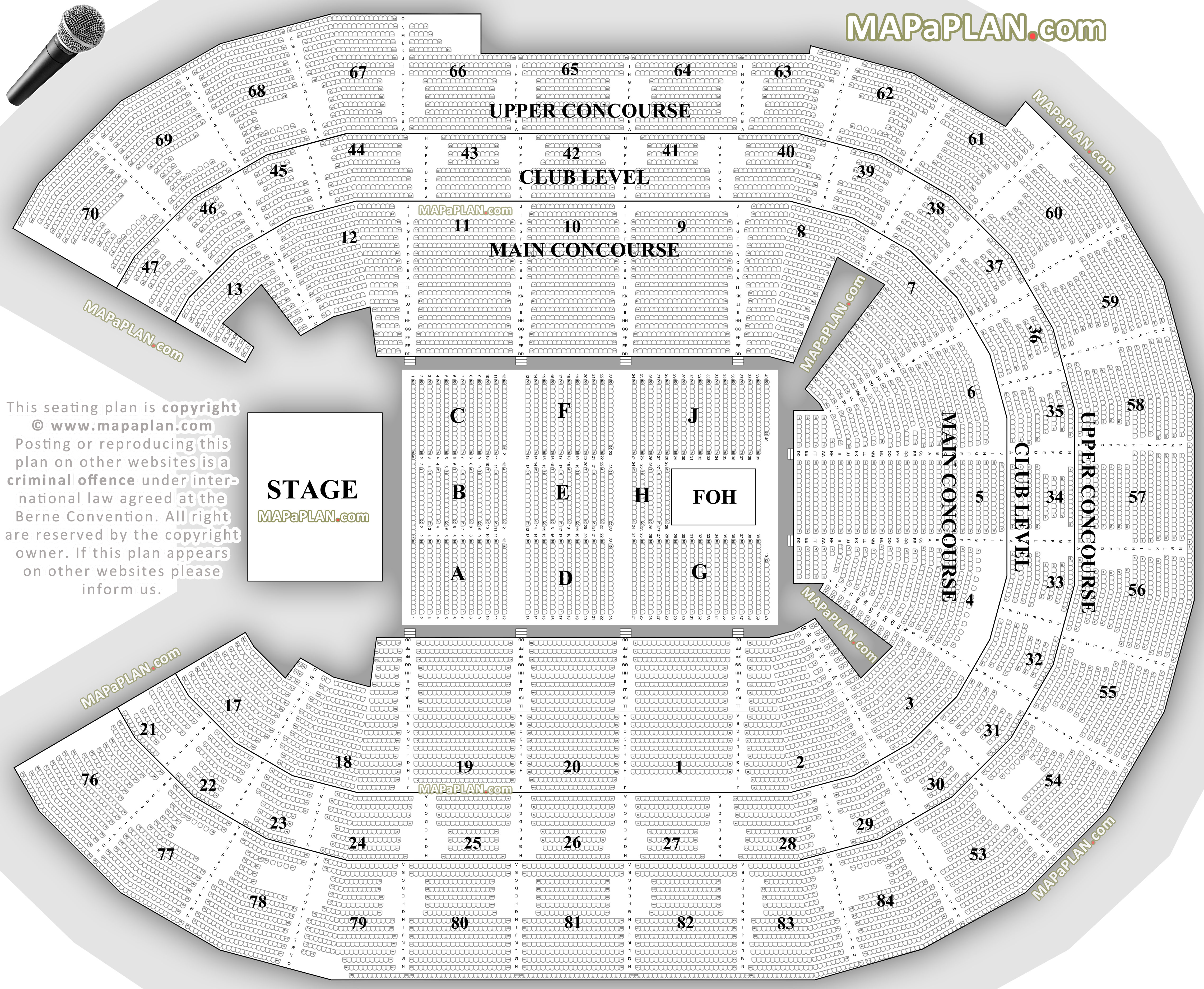 Detailed seat numebers row lettering concert chart with first second third elevation sections Sydney Qudos Bank Arena seating chart