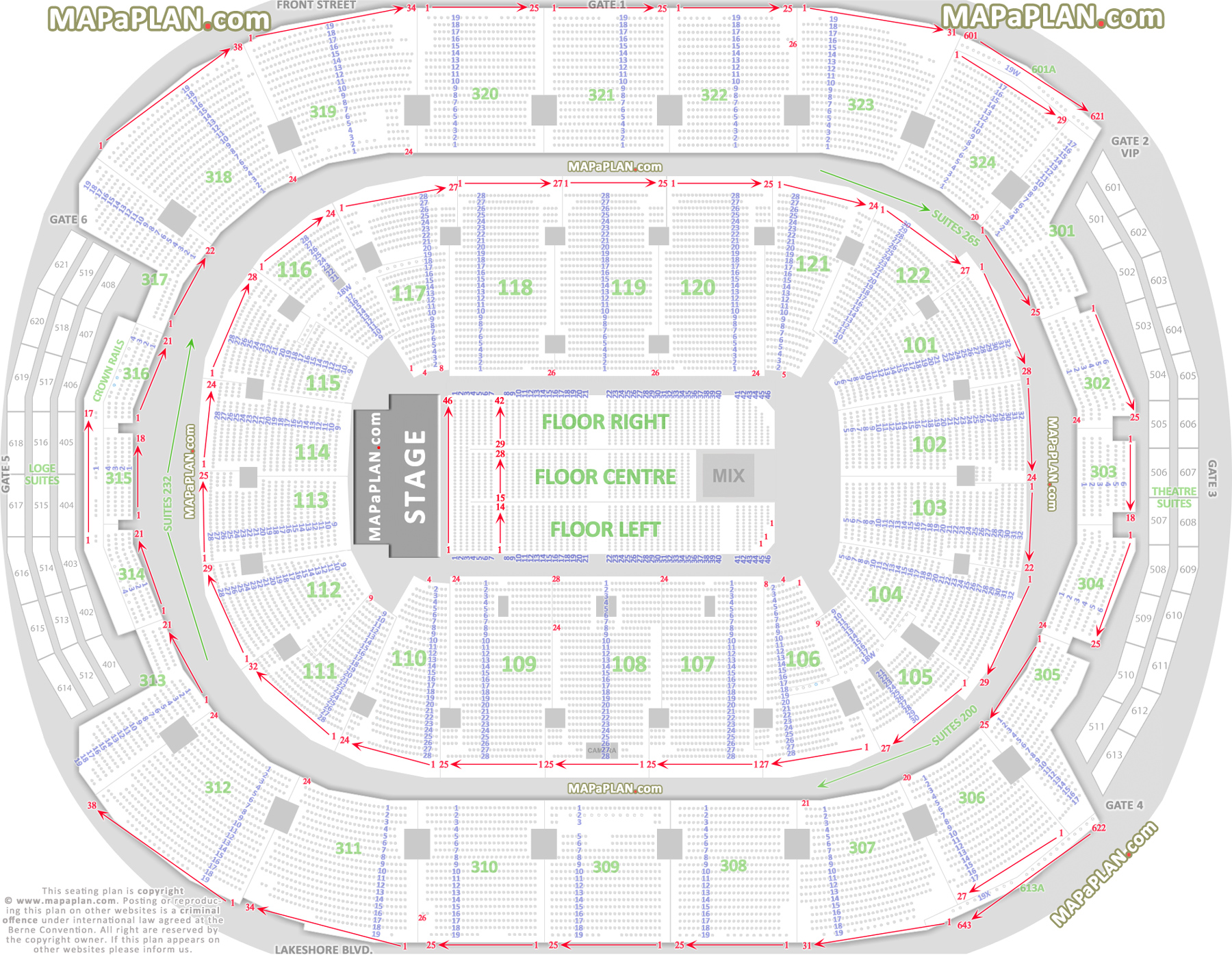 Detailed seat row numbers chart with west end stage concert floor plan layout Toronto Air Canada Centre seating chart