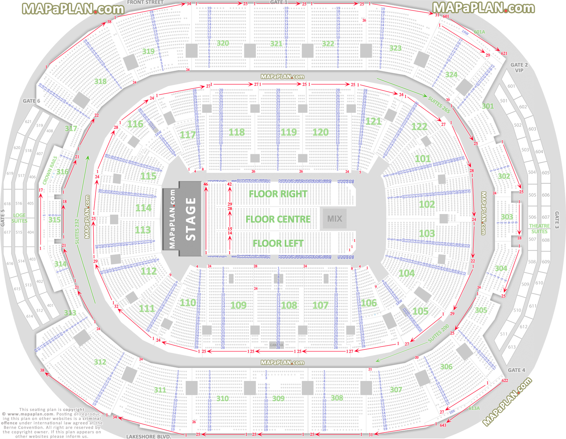 Detailed seat row numbers chart with west end stage concert floor plan layout Toronto Scotiabank Arena seating chart