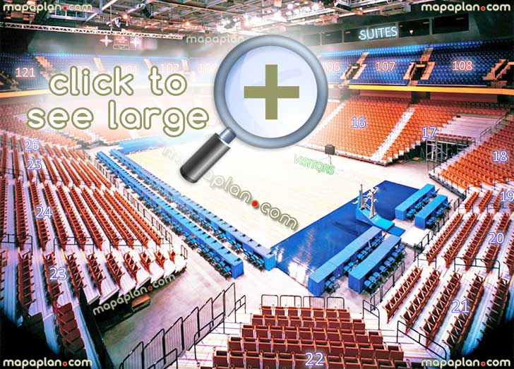 view section 114 row a seat 15 basketball sun huskies university connecticut uconn ncaa college tournament panorama home team visitors benches courtside sideline court baseline corner sections luxury suites Uncasville Mohegan Sun Arena seating chart