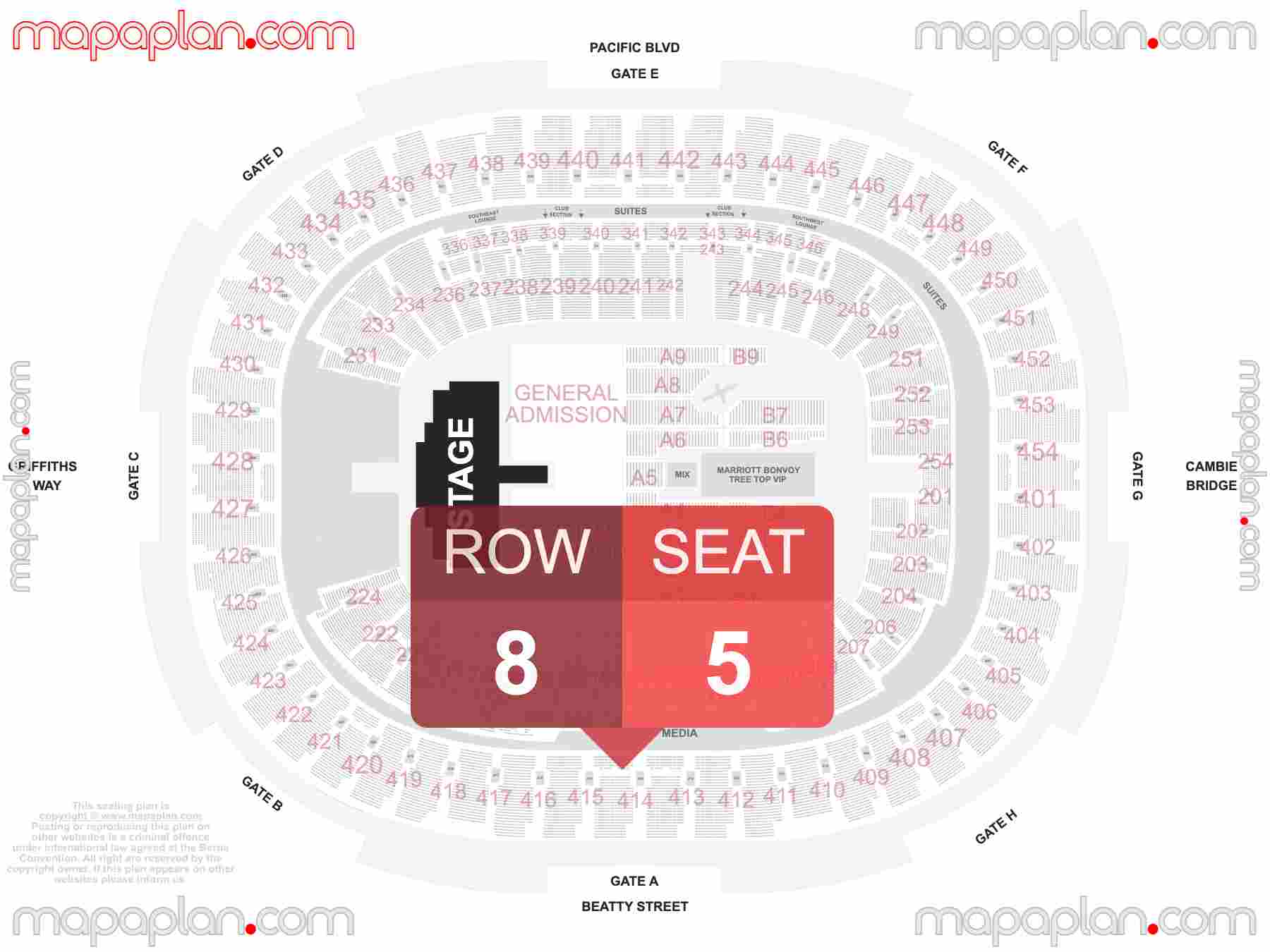 Vancouver BC Place seating map Concert with floor general admission standing seating map with exact section numbers showing best rows and seats selection 3d layout - Best interactive seat finder tool with precise detailed location data