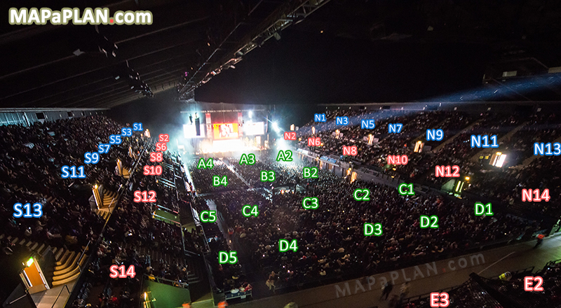 Concert stage view from seat Block E4 Row P Virtual interactive tour with inside sections tier levels Wembley OVO Arena London seating plan