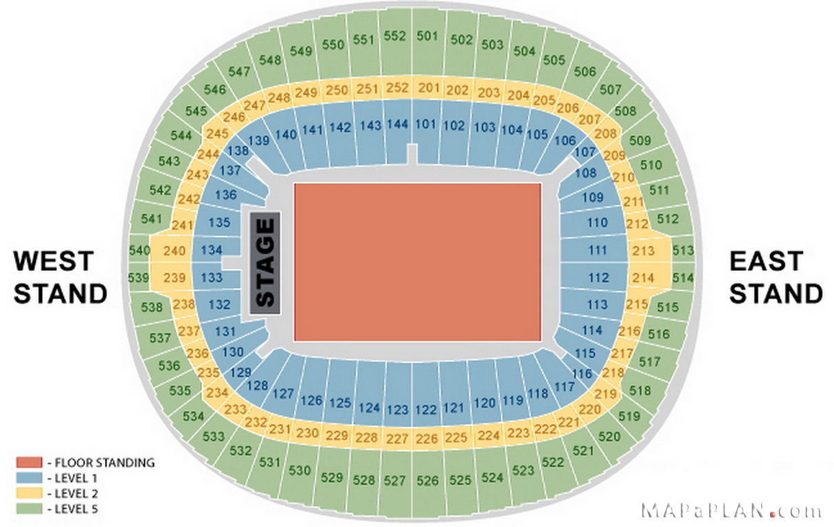 Wembley Stadium seating plan West and east stand full venue detailed layout with west end stage