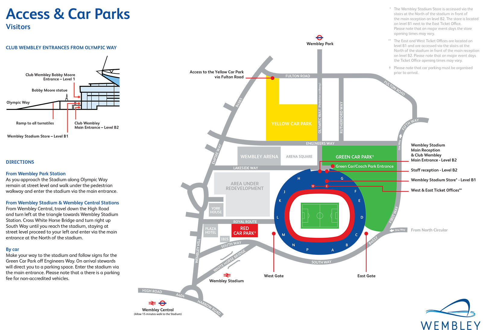 Wembley Stadium seating plan Visitors access and car parks red green yellow