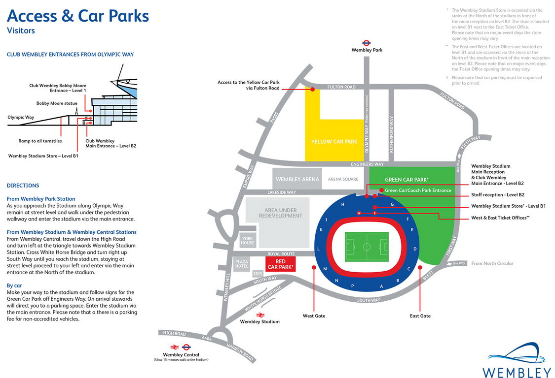 Wembley Stadium seating plan Visitors access and car parks red green yellow
