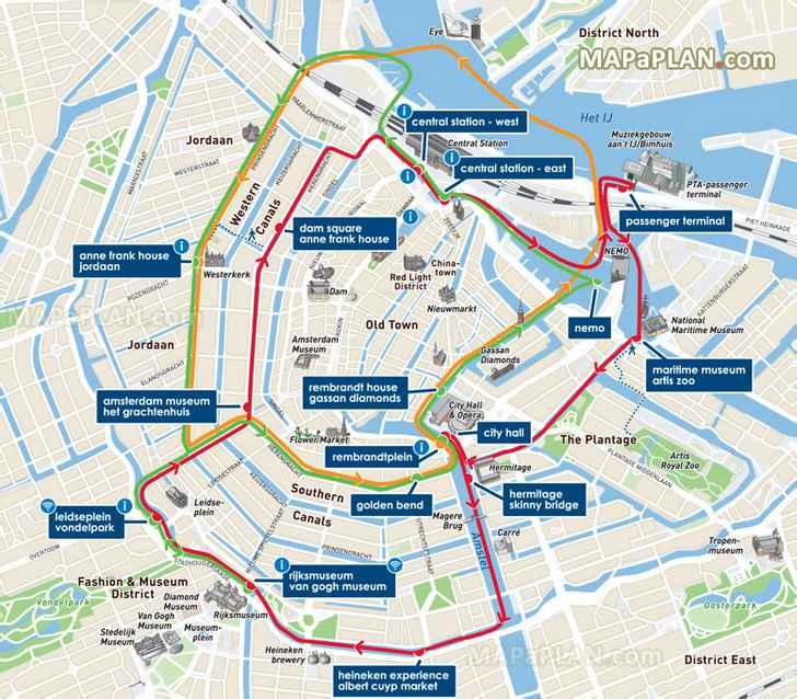 Canal Bus canal cruises with Red Orange Green lines Amsterdam top tourist attractions map