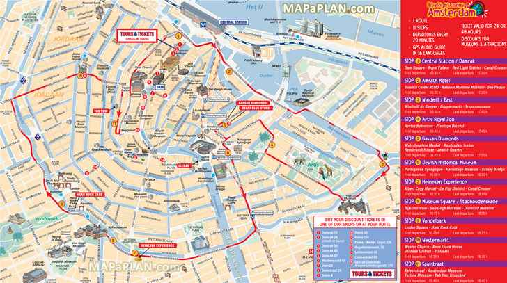 City Sightseeing hop on hop off double decker open top bus tour routes Amsterdam top tourist attractions map