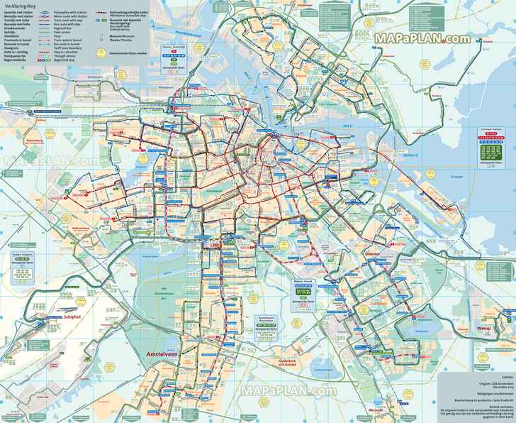 Official GVB public transport network system tram bus metro ferry Schiphol International Airport Amsterdam top tourist attractions map